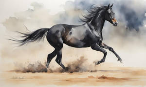 Black Arabian Stud running in the dusty pasture