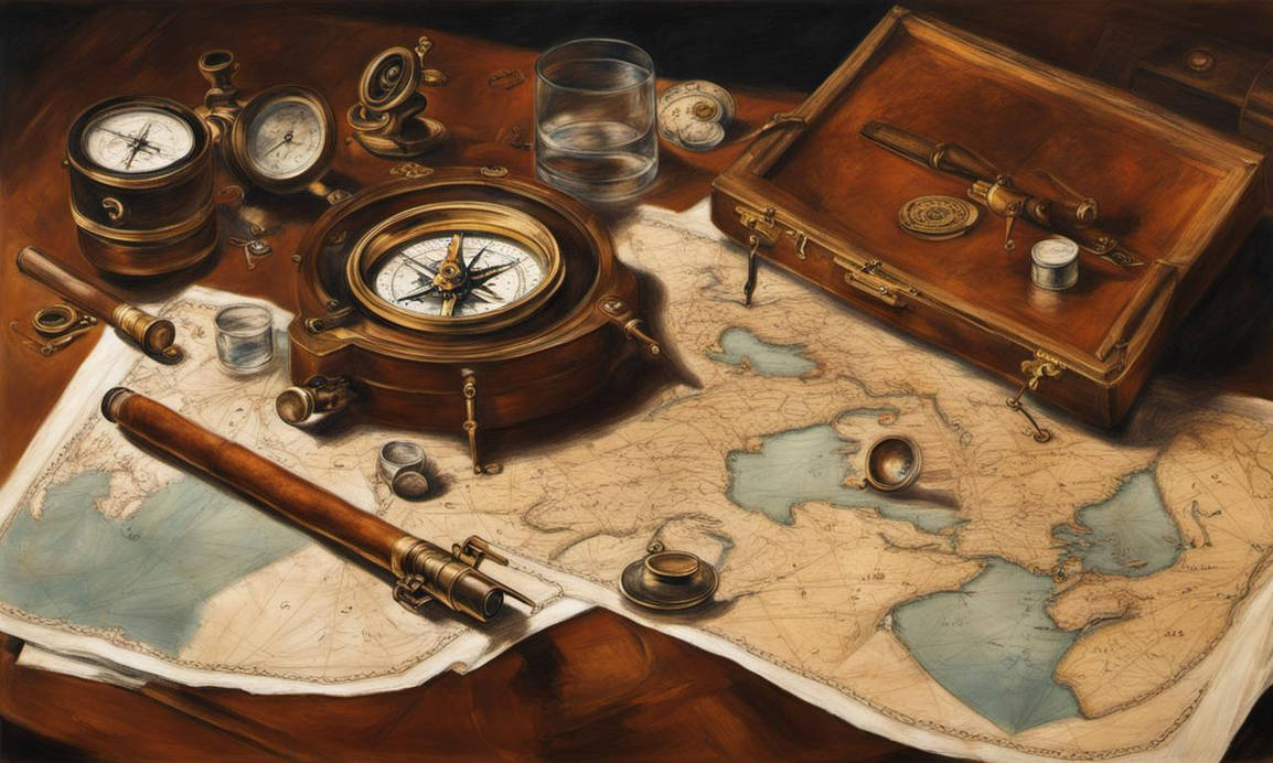 Captains Table, compass, pencil, glasses, sextant