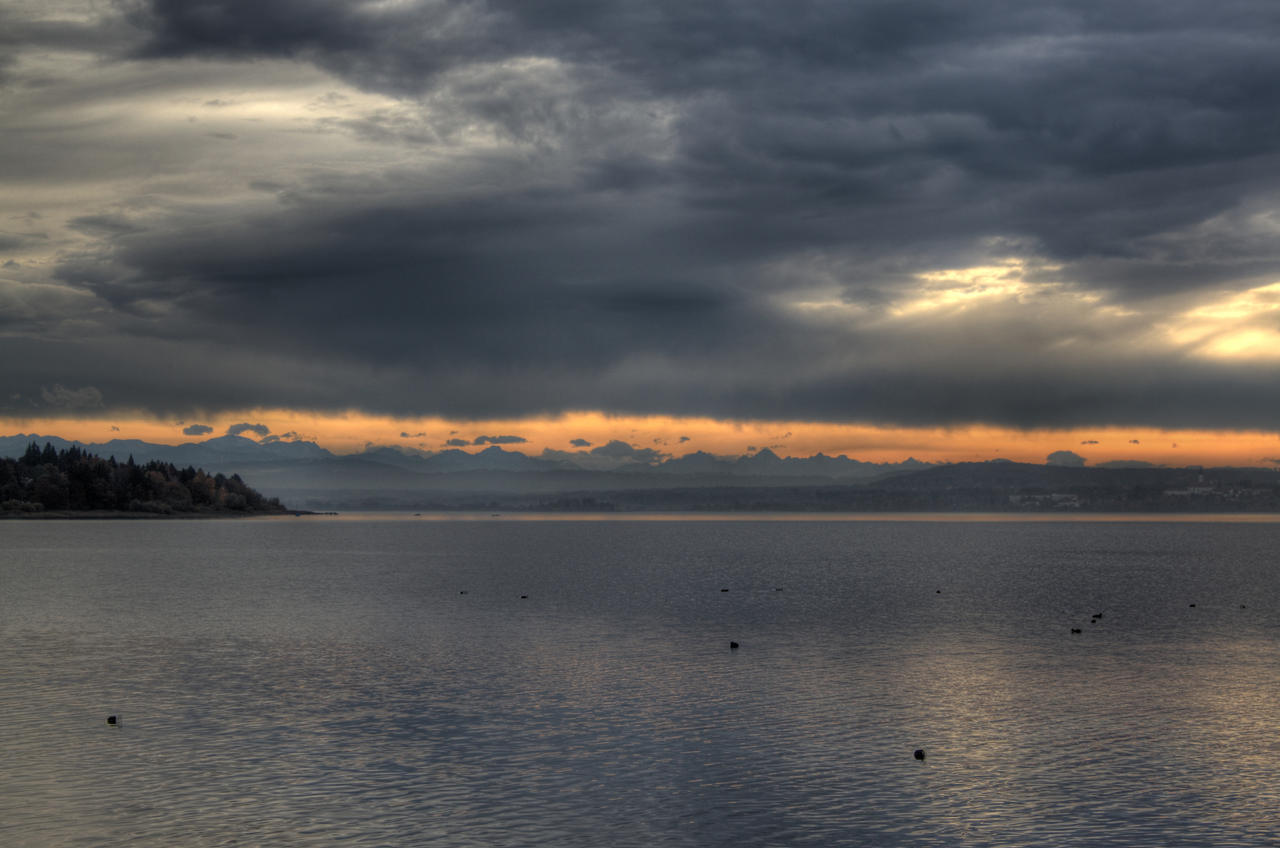 Ammersee and the Bavarian Alps at sunset