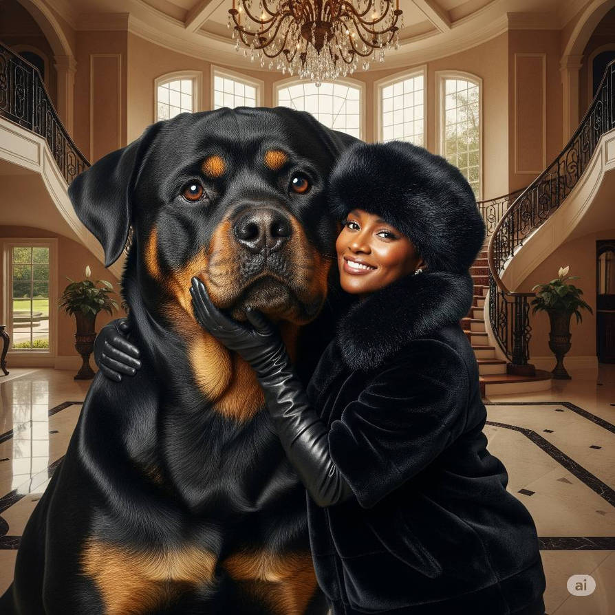 Black Woman In Furry Coat Hugging Rottweiler Dog by JustinPlatt1 on ...