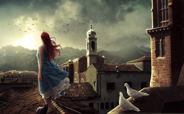 Сломал на крыше замок песня. Крыша фэнтези. Девушка на крыше. Рыжая девушка в замке. Девочка на крыше.