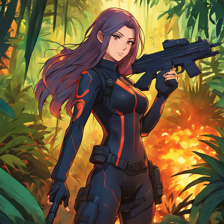 Female Killer in tight black wetsuit in firefight