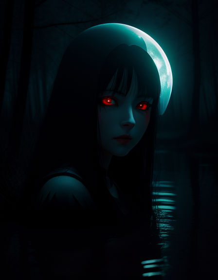Premium AI Image  an anime girl with glowing red eyes in a dark forest