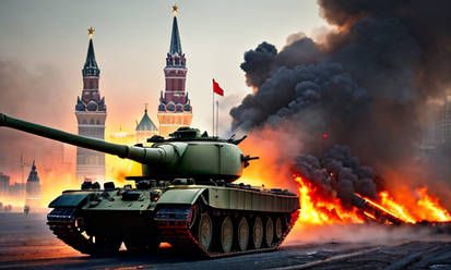 red square Kreml Moscow city burning battle tanks 