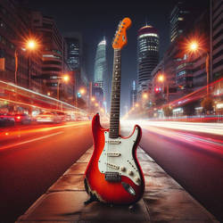 RED STRATOCASTER ON CITY STREET AT NIGHT AI