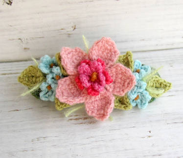 Crochet Hair Barrette Pink with Blue Flowers
