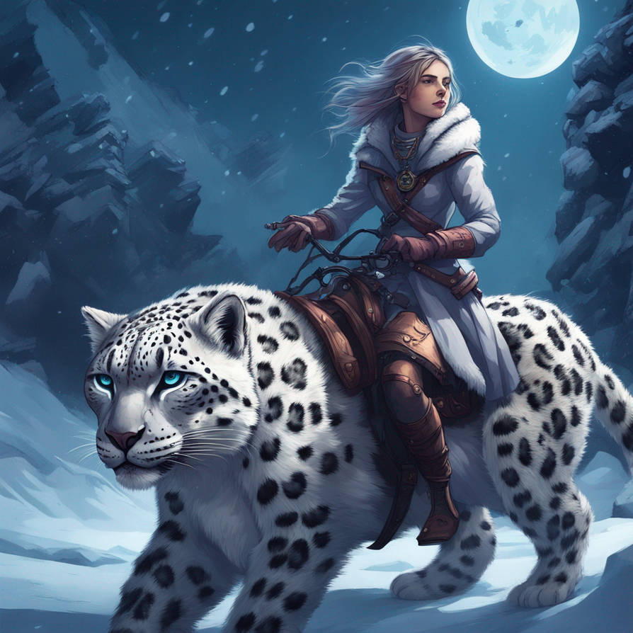 Woman Riding A Leopard Girl riding on a giant snow leopard at night by RoseBlossomFlower on ...