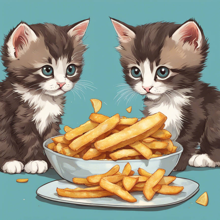 Kittens eating fish and chips