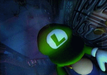 A gif of Luigi screaming and raising his hands. The perspective swings back and forth, zooming into his face and into his screaming mouth.