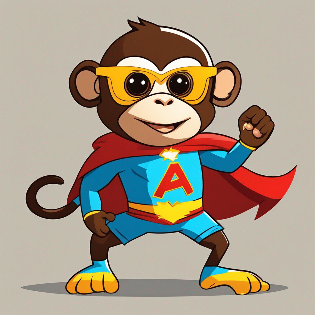 Cartoon monkey superhero wearing red cape, yellow