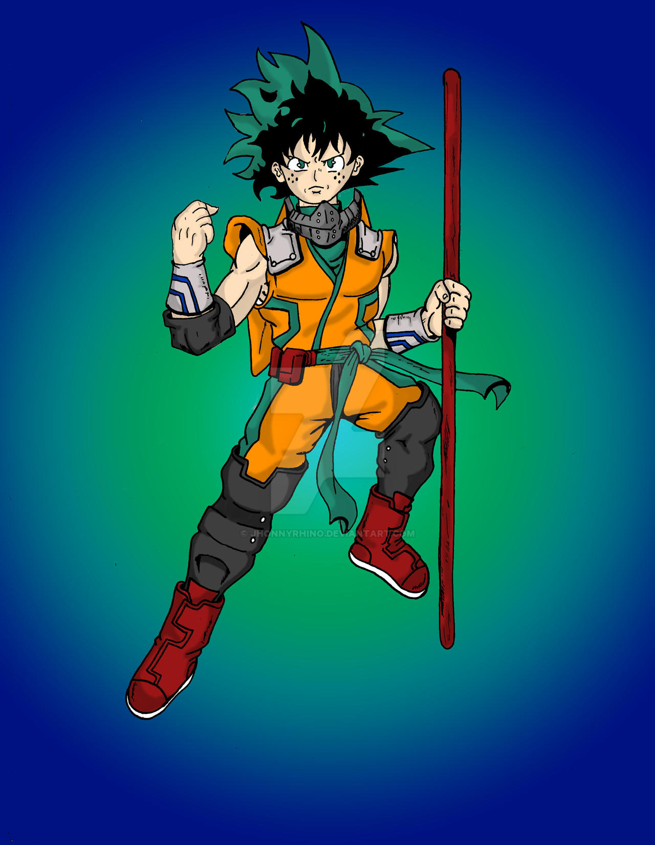 Goku from dbz mixed with deku from my hero academia, painting style, with a  good background