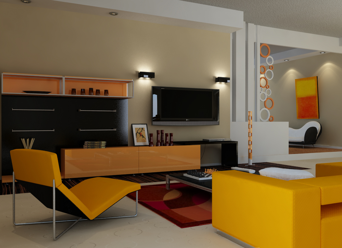 retromodern orange living room by zigshot82