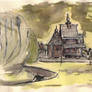 Wooden church fast watecolor sketch 18 may 2024
