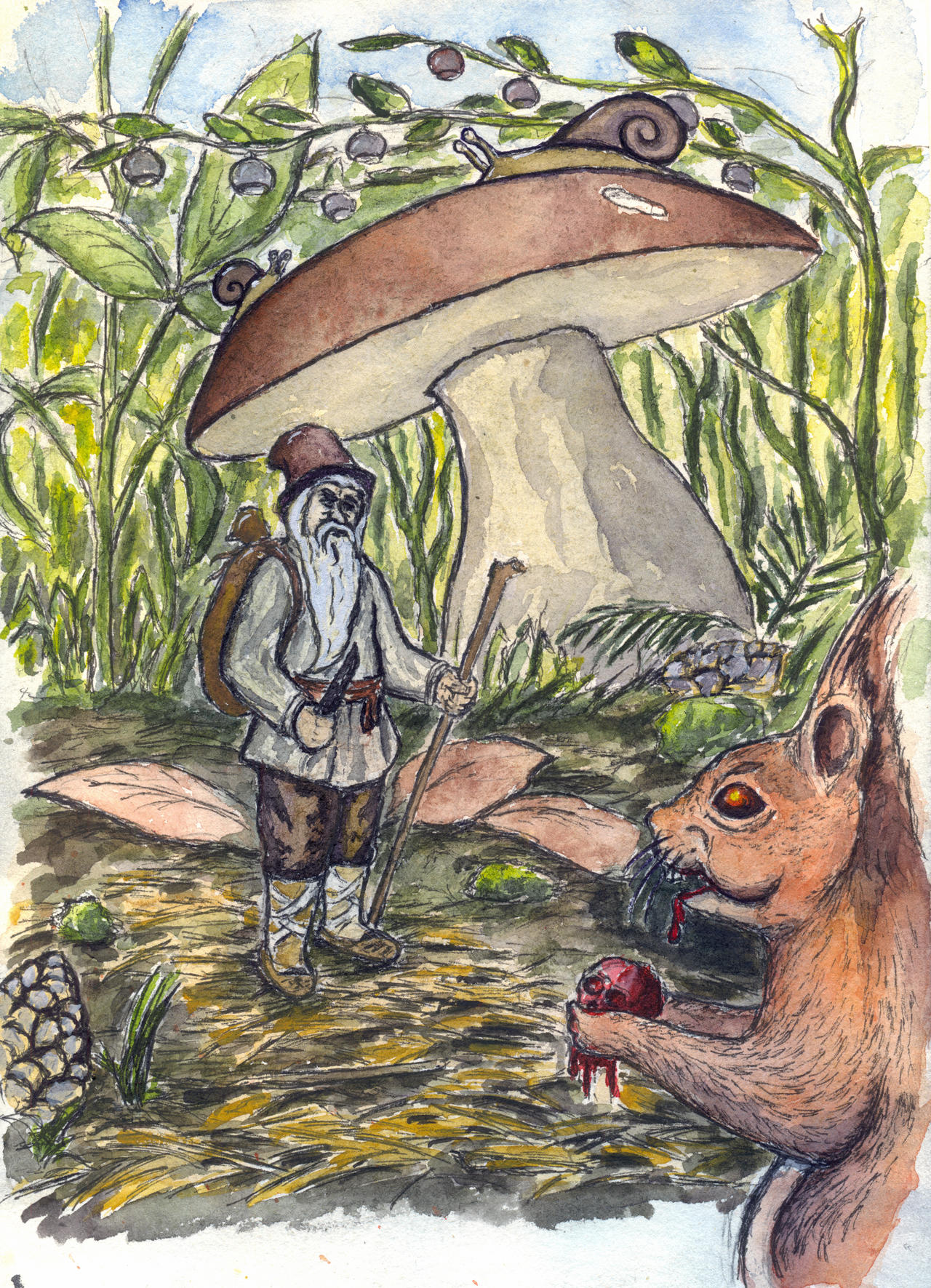 Leshiy vs demoniac squirrel (watercolor sketch)