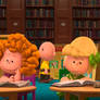 Charlie Brown search a book at the library