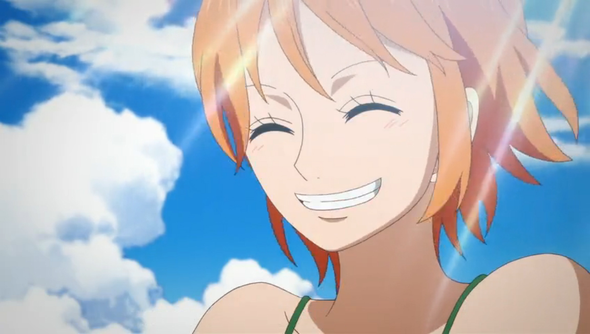 smiling nami — Nami's first appearance in the anime.