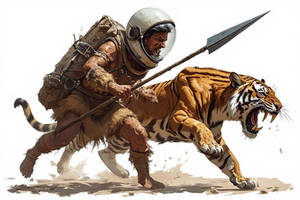 Neanderthal Astronaut and Sabertooth Tiger Hunt