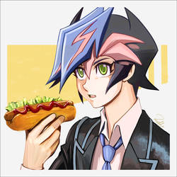 Yusaku eats a hotdog