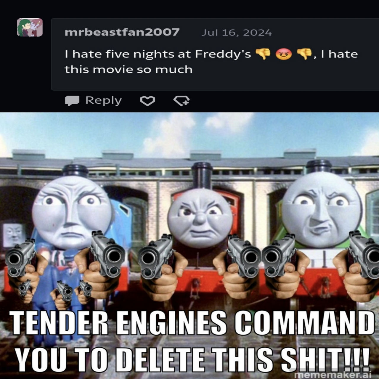 The big engines deletes MrBeastfan2007's comment by ...