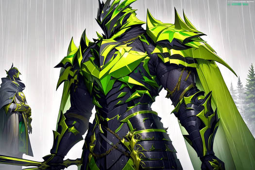 Spikey lime green and black armor Knight with rain