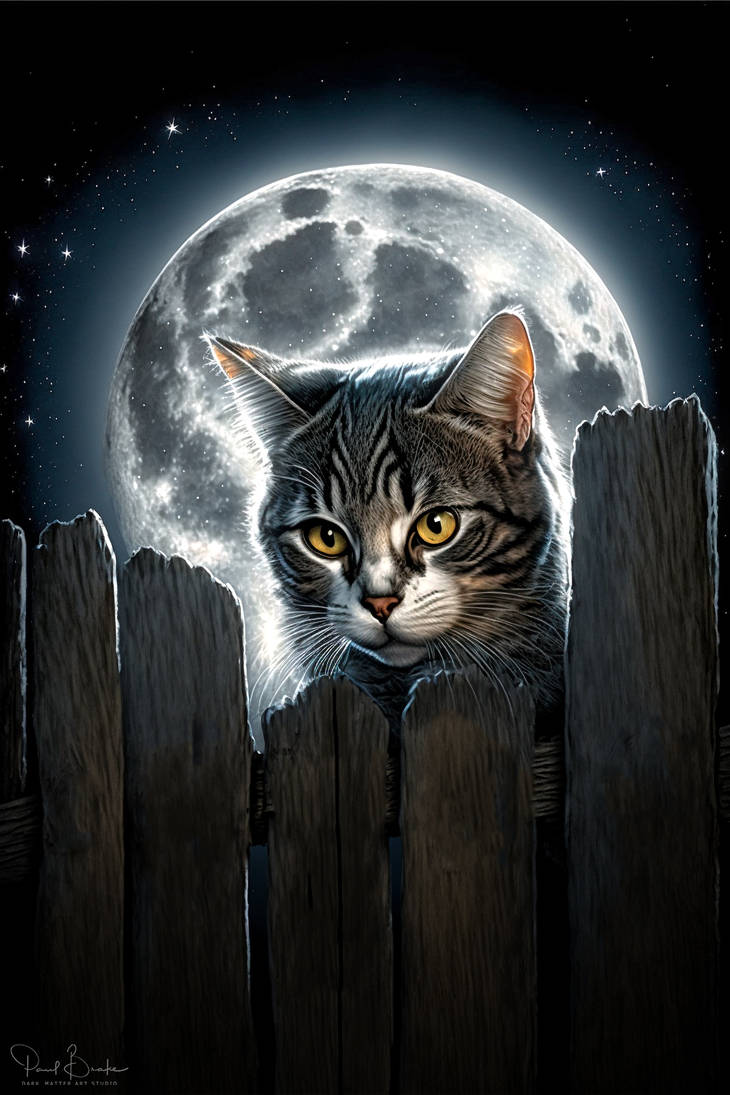 A digital painting of a fluffy brown and white cat peeking over a fence in a cartoon storybook style