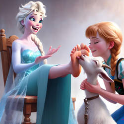 Anna tickles Elsa with a goat