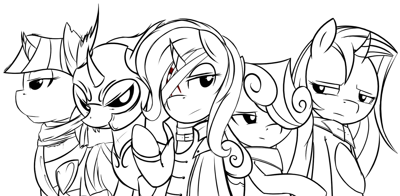 Four ponies and one changeling