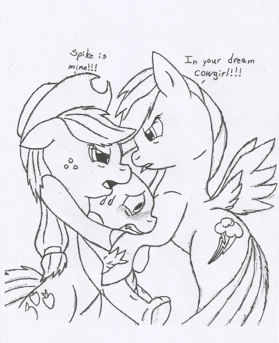 Rainbow Dash and Applejack fighting over Spike