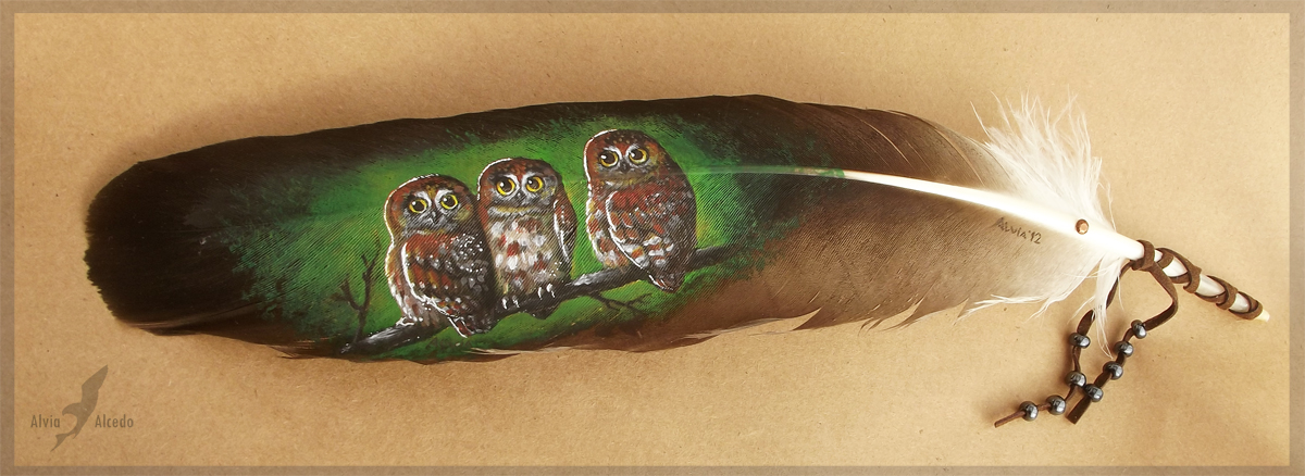 Owl trio - feather painting