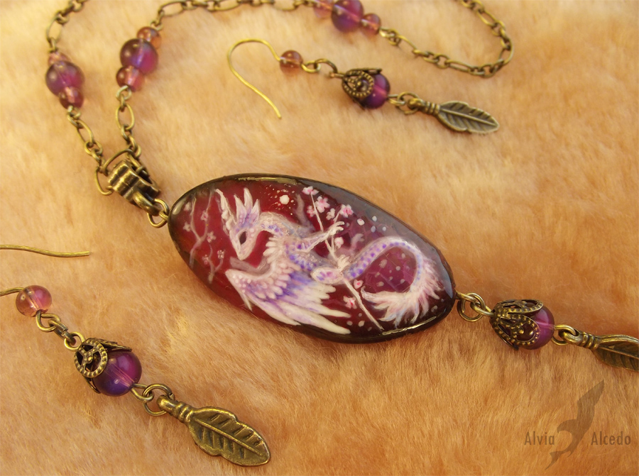 Stone painting- sakura dragon necklace set-details