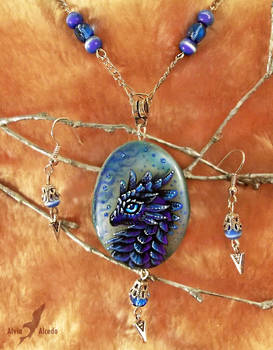 Water dragon - stone painting necklace set