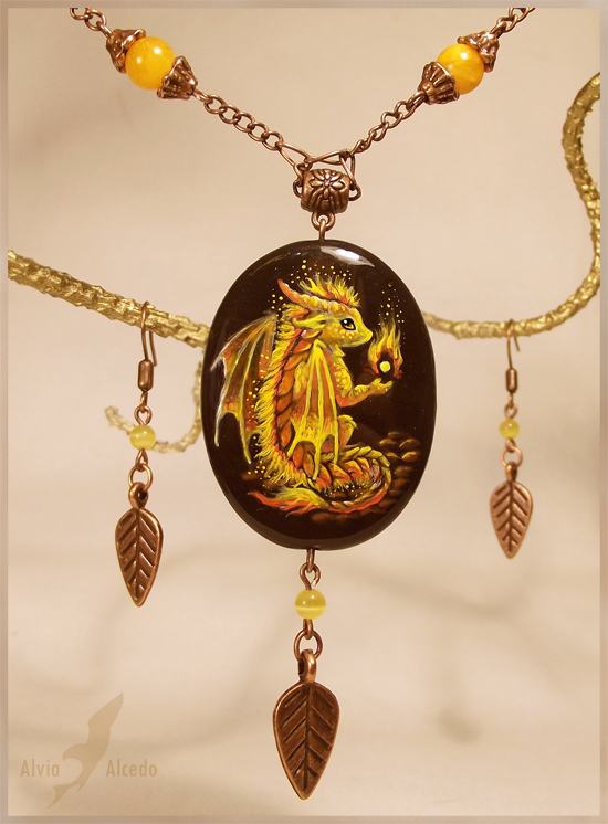 Fire baby dragon - stone painting necklace