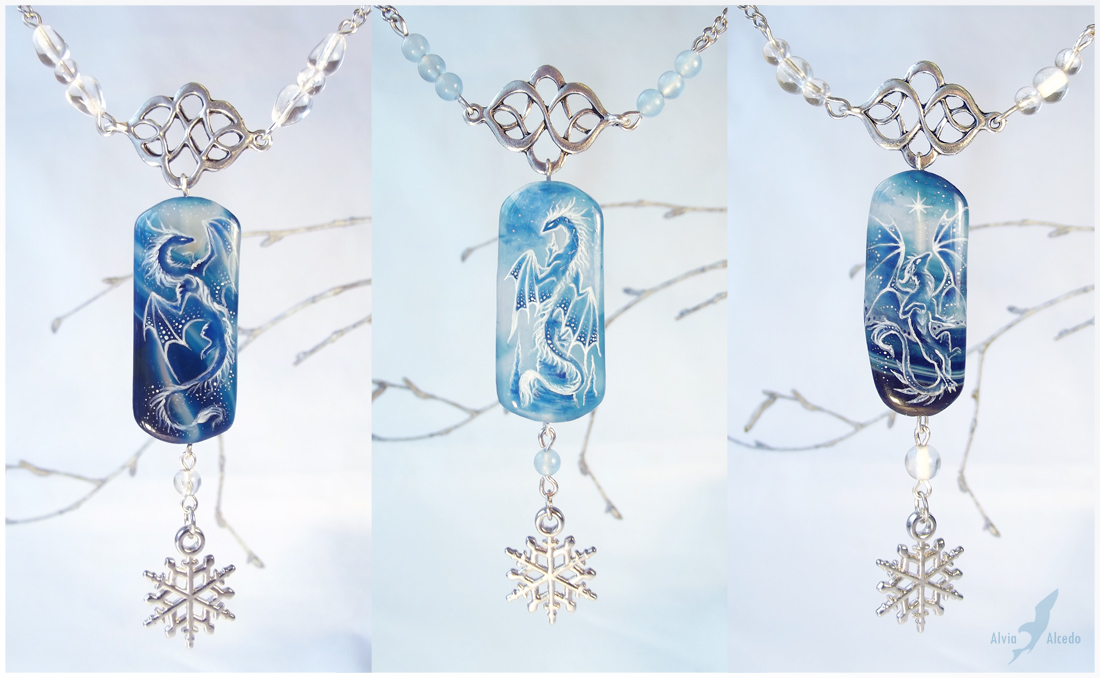 Winter dragons -FOR SALE- stone painting necklaces