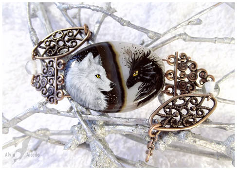 Black dragon and white wolf - stone painting OOAK