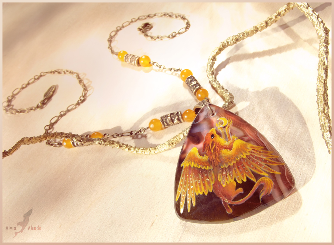 Golden griffin - stone painting necklace