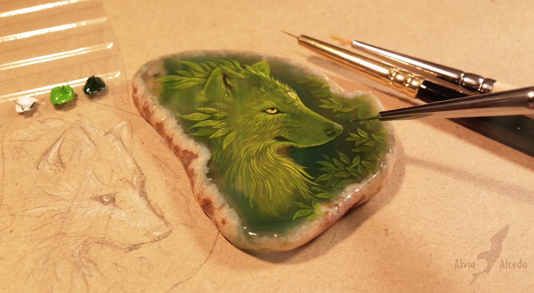 Green wolf - stone painting