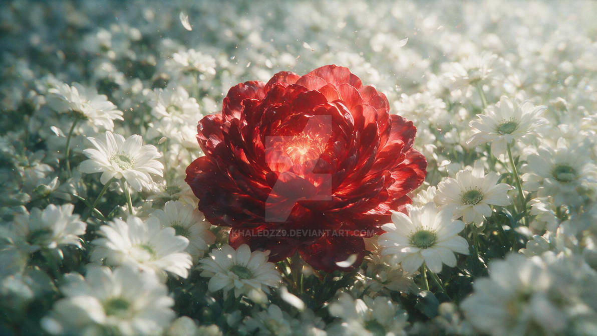 Crimson Heart Blossom in a Sea of White Daisies