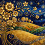 Golden Starry Night Floral Landscape - Van Gogh Inspired Gold Leaf Art