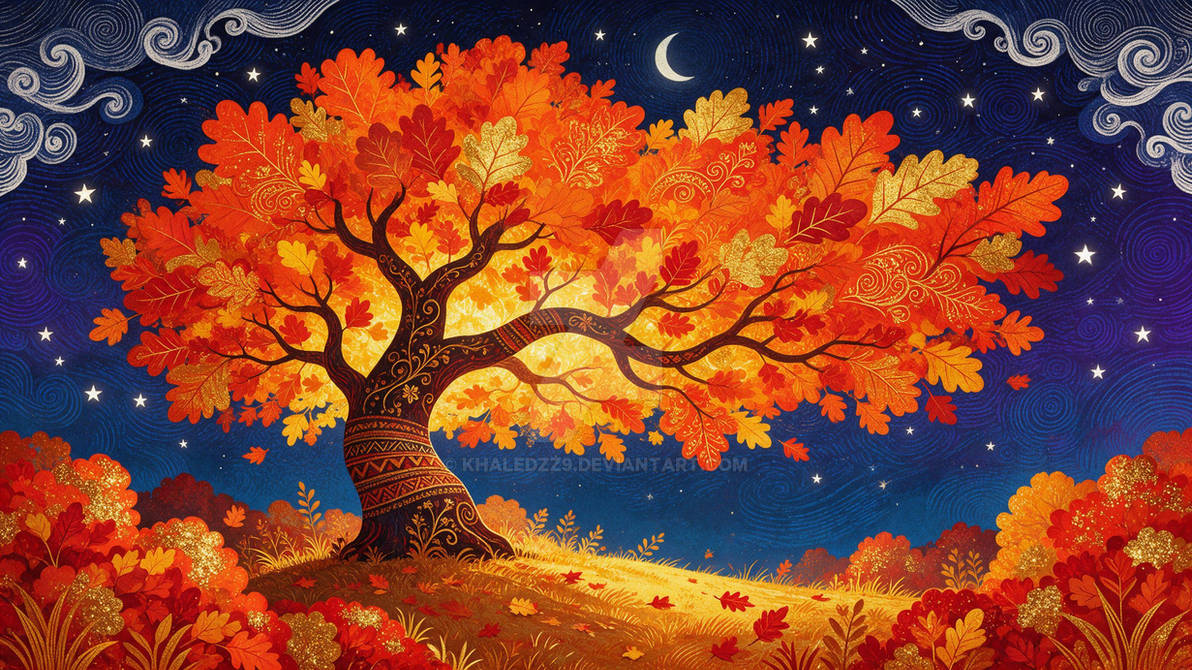 Vibrant Autumn Oak Tree Under Crescent Moon | Folk Art Autumn Landscape