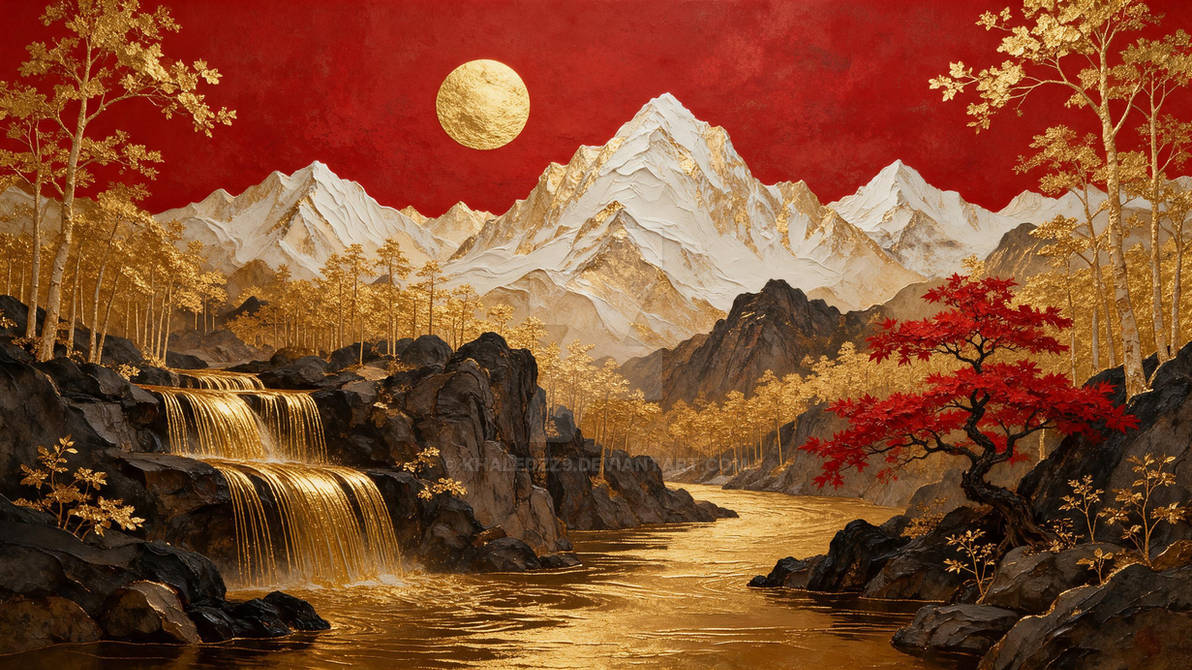 Golden Waterfall under Crimson Sky – Snowy Peaks & Red Maple Tree
