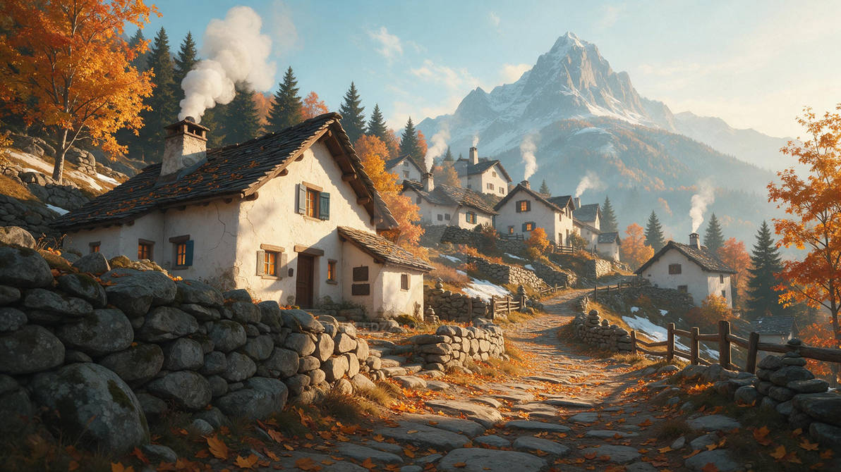 Cozy Autumn Alpine Village with Snow Capped Peak | Stone Cottage Fall Landscape Art