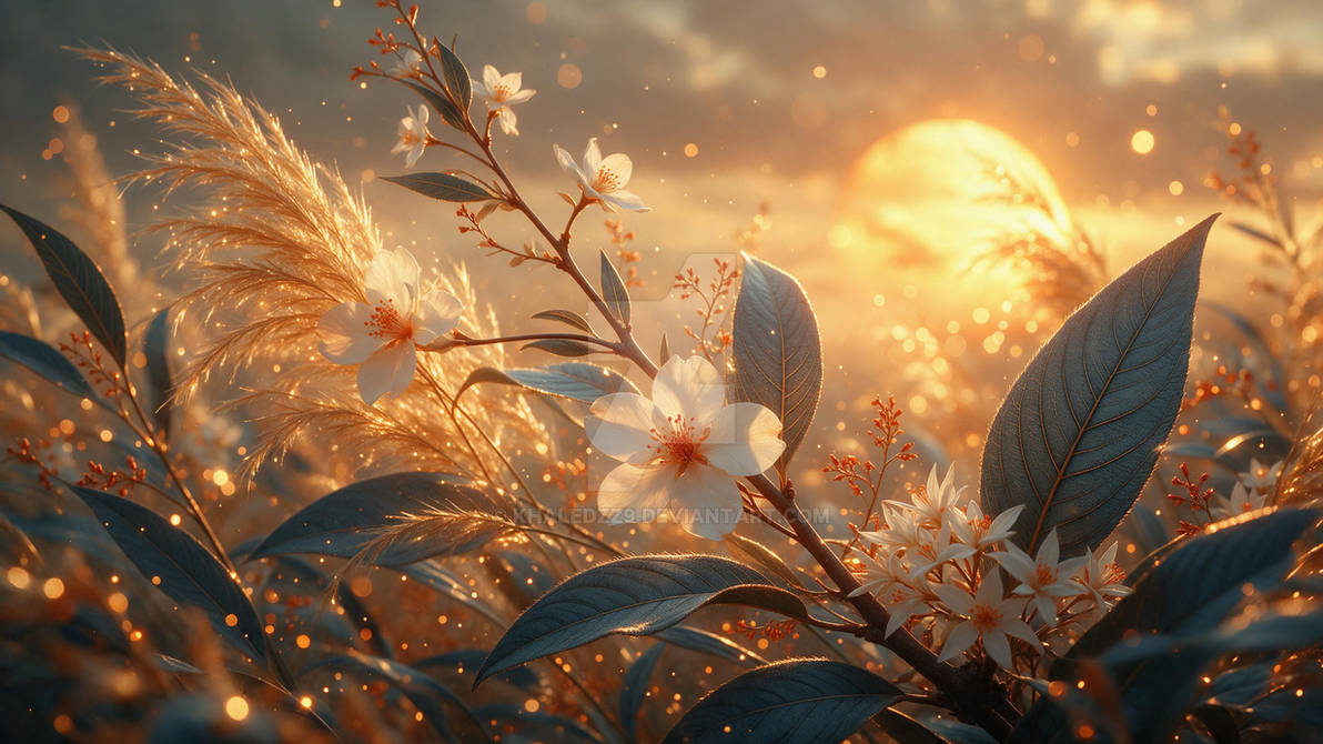 Dreamy White Jasmine Blossom & Pampas Grass at Sunset | Luminous Golden Hour Floral Art