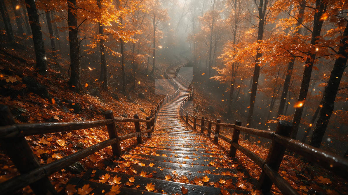 Winding Wooden Boardwalk Stairs in Misty Autumn Forest - Golden Maple Foliage Landscape Art
