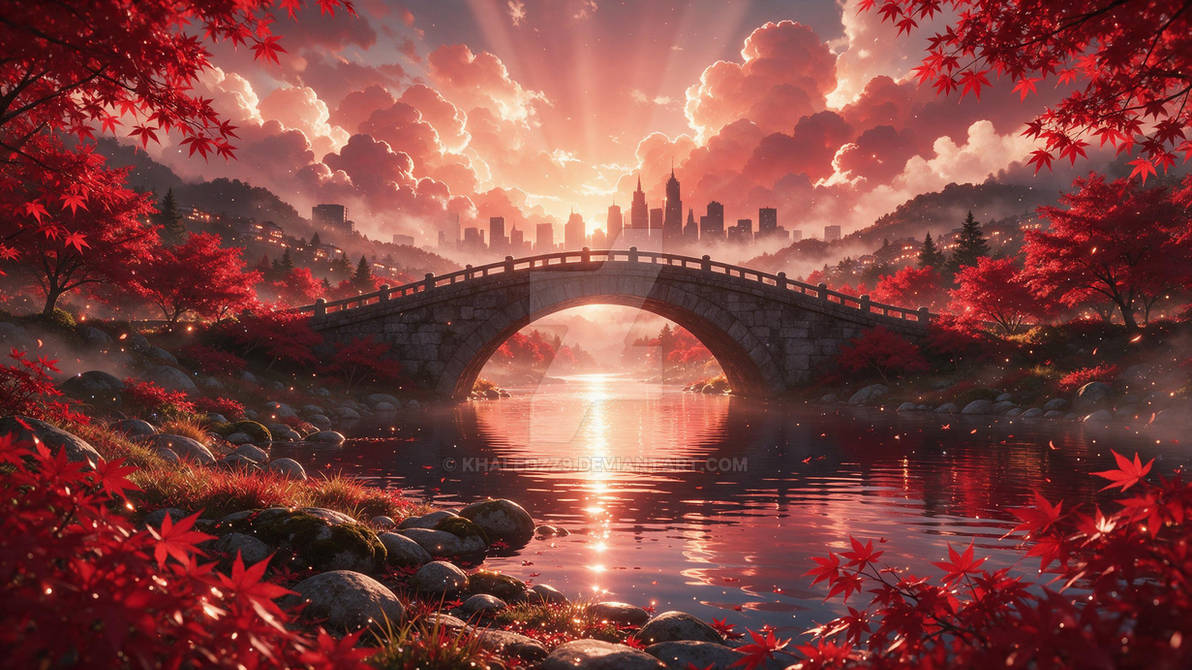 Dramatic Red Maple Sunset over Stone Arch Bridge with City Skyline - Japanese Autumn Landscape Art