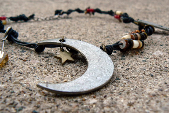 Lady Moon and Sister Stars-Leather Necklace