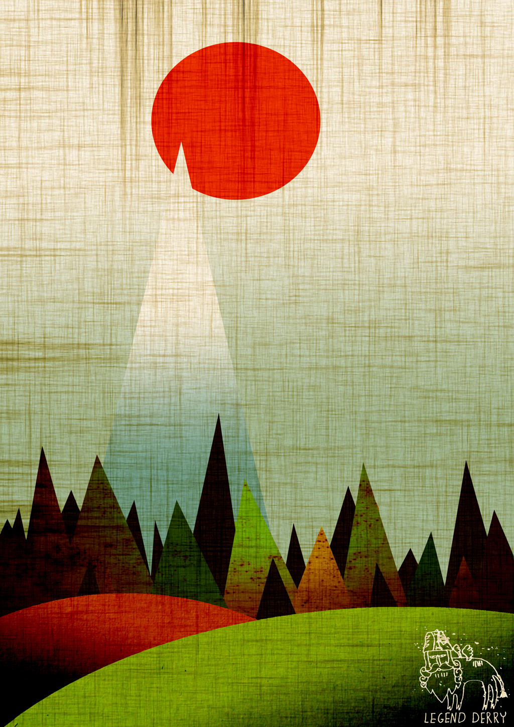 Red sun over woods and mountain.