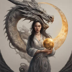 A dragon with a beautiful woman holding in her han