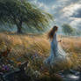 Rainy Meadow with Fox and Willow Tree