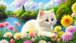 Cute Fluffy Cat playing with Flowers by the River