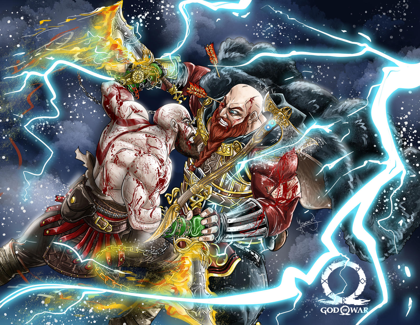 Drawing Kratos vs Thor (God of War Ragnarök)
